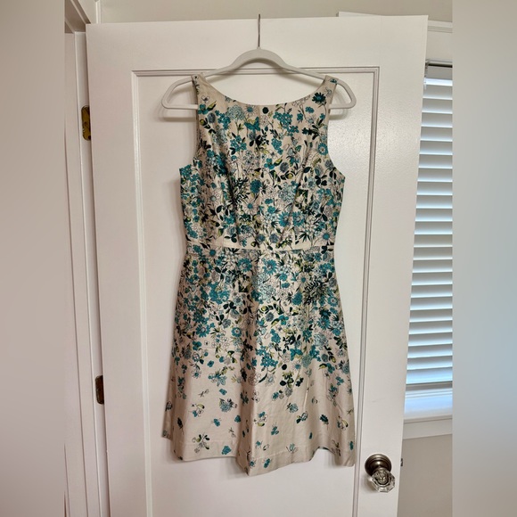 LOFT Cream A-line Midi Dress with Blue Green Florals - Picture 1 of 8